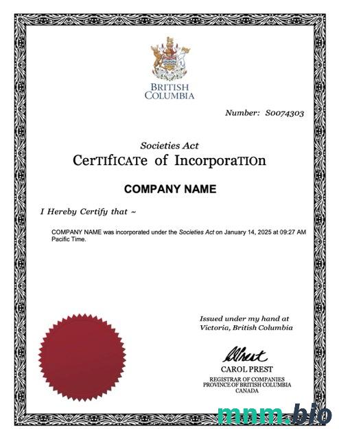 British Columbia vcertyfikat of inkorporacja Word i szablon PDF